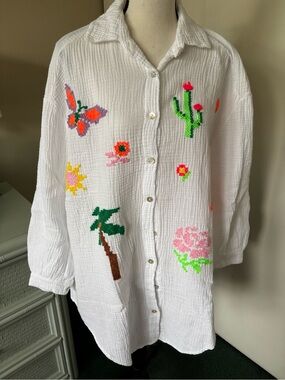 Tropical Design Embroidered White Button-Up Blouse